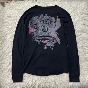 Y2K Affliction Style Graphic Thermal Longsleeve Shirt Black Hologram size L